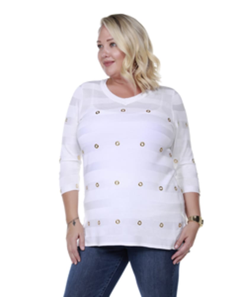 Front of a model wearing a size 1X Striped Grommet Sweater in WHITE by Belldini Black Label. | dia_product_style_image_id:245891